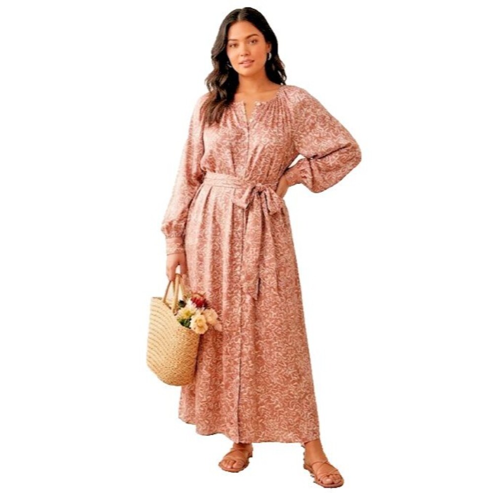 NATALIE MARTIN Med SILK Maple Brown Floral Long Sleeve Belt Maxi Dress Boho NWOT